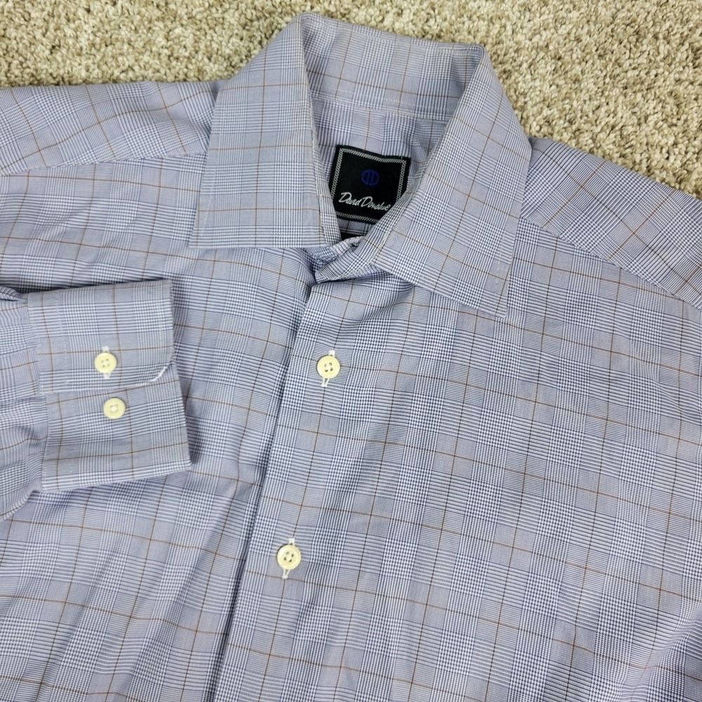 David Donahue Trim Mens 15.5-32/33 Blue Houndstooth Plaid Button Up Long Sleeve